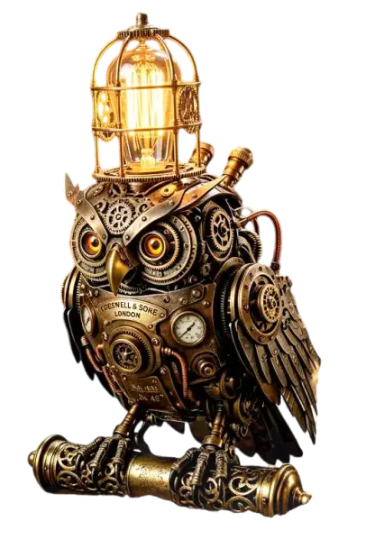 zeigt eine mechanische Eule mit einer Glühbirne auf dem Kopf