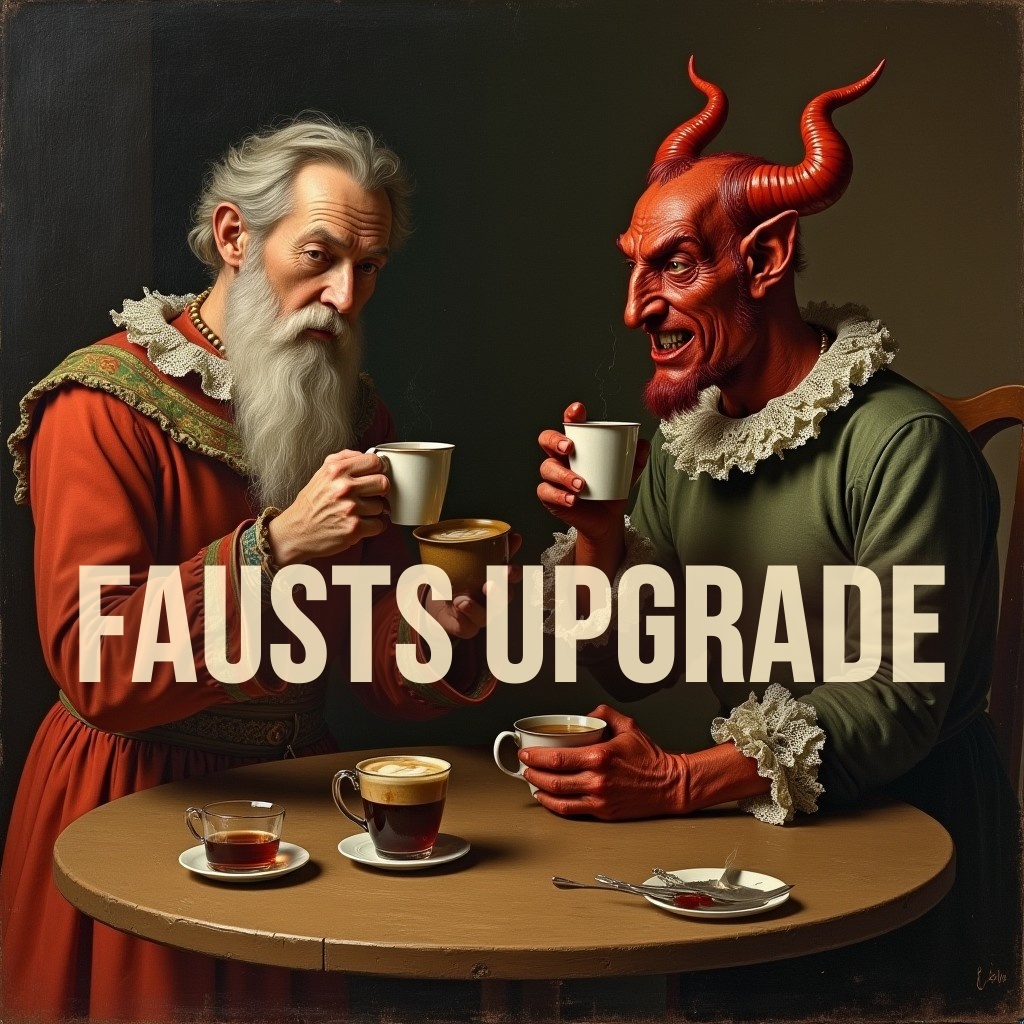 Cover: Fausts Upgrade, zeigt Faust und Mephistopheles gemeinsam Kaffee trinken