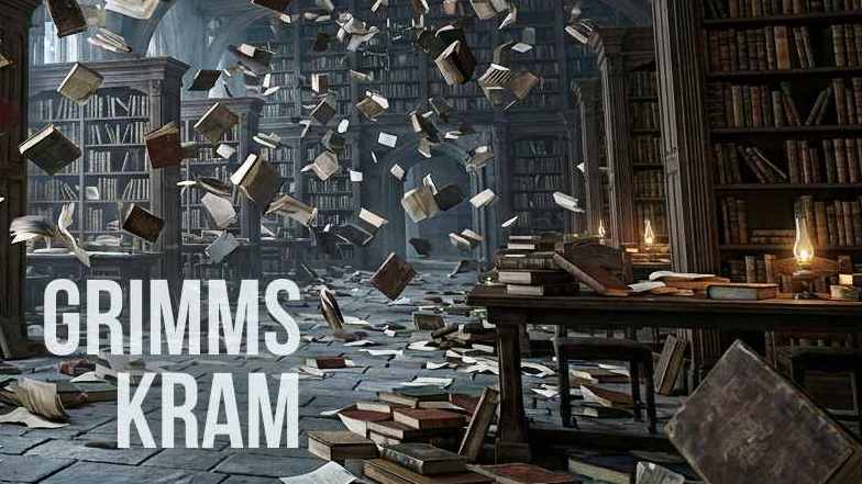 Cover zu Grimms Kram, zu sehen aufgewirbelte alte Bücher