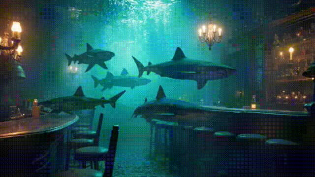 zeigt Haifische, die durch eine Bar schwimmen