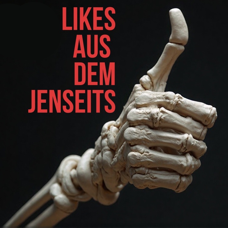 Cover: Likes aus dem Jenseits, zeigt, wie ein Skelett ein Daumenhoch gibt