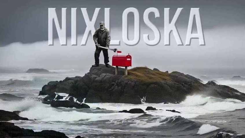 Cover Niksloska: zeigt einen Mann auf einer kleinen Insel im Meer, der im Begriff ist, mit einem Beil einen Briefkasten zu zerstören