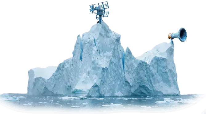 zeigt einen Eisberg mit dem Wolltrichterlogo und Antenne auf dem Gipfel