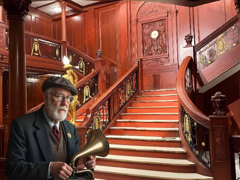 zeigt die Prunktreppe der Titanic mit einem Mann mit Phonographen