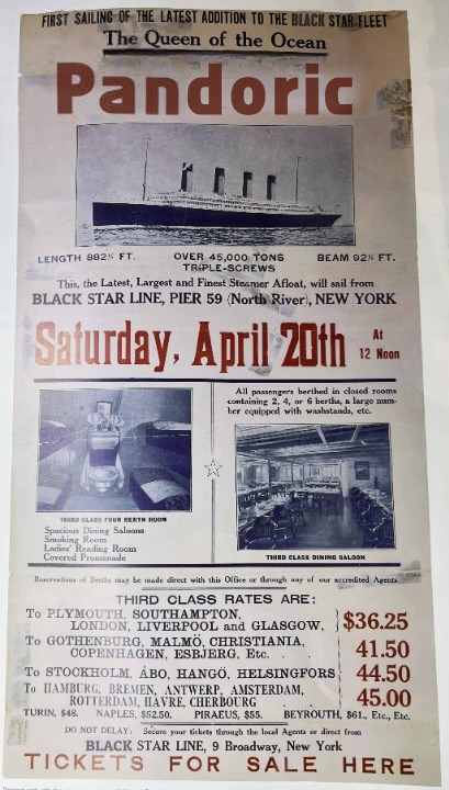 zeigt ein altes Werbeplakat für Schiffstickets auf der Pandoric