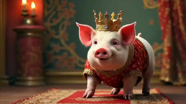 zeigt ein gekröntes Schwein im Palast, das aber auf dem Teller landet