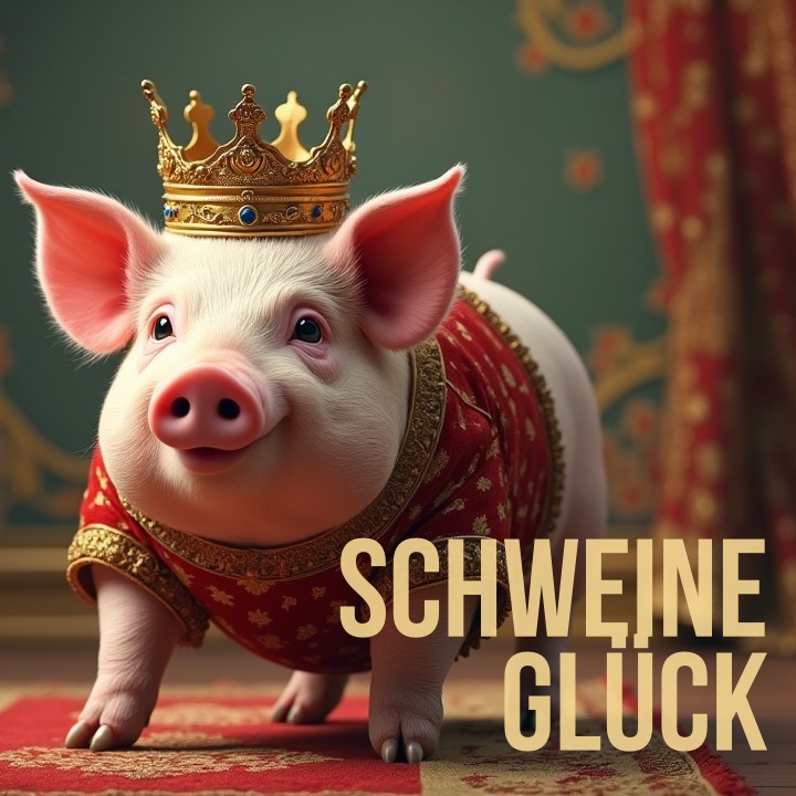 Cover: Schweineglück, zeigt einen Schweinekopf mit Krone auf einem Teller