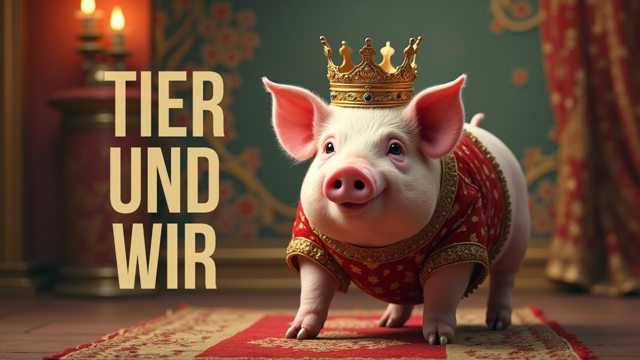 Cover Tier und Wir, zeigt ein fröhliches Schwein mit Krone und edlem Jackett