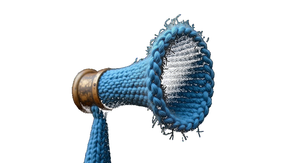 zeigt das Logo Leises Lärmen, einen Sprechtrichter aus blauer Wolle gestrickt