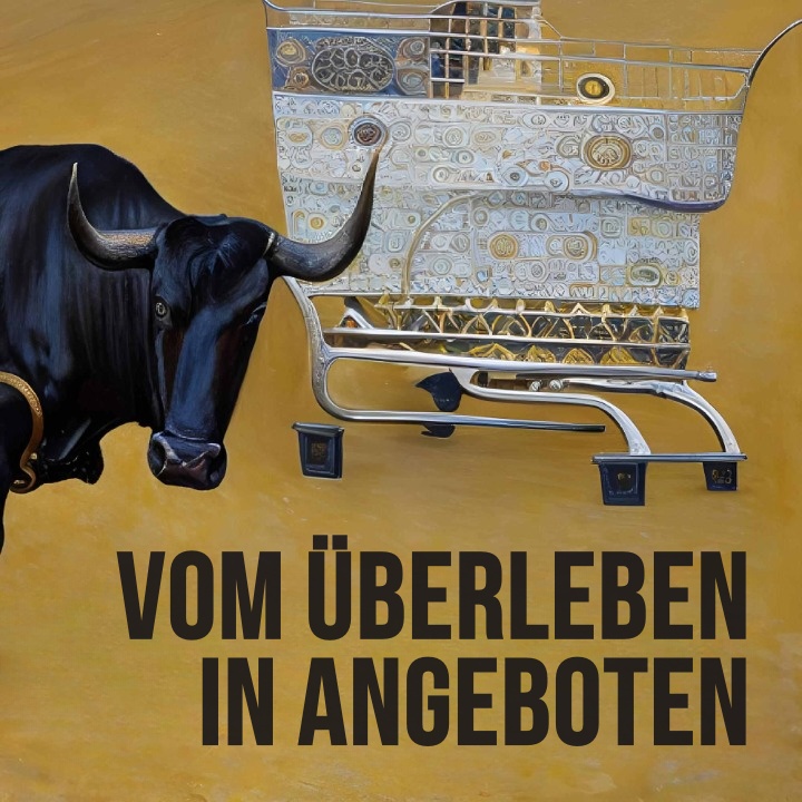 Cover: Vom Überleben in Angeboten, zeigt einen Stier im Kampf mit Einkaufswagen