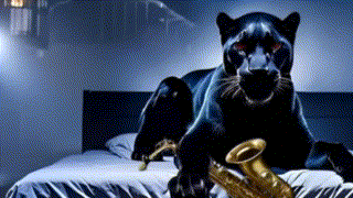 zeifgt einen schwarzen Panther mit Saxophon im Bett, der aufspringt und wegläuft