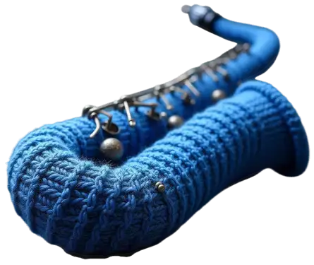 zeigt Saxophon aus blauer Wolle