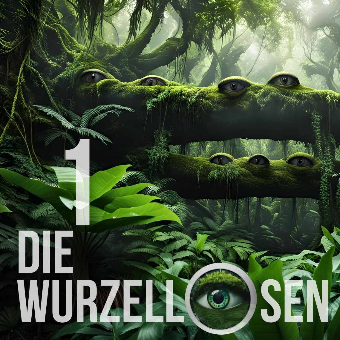 
Cover Wurzellose 1, zeigt einen Dschungel, aus dem Augen herausschauen