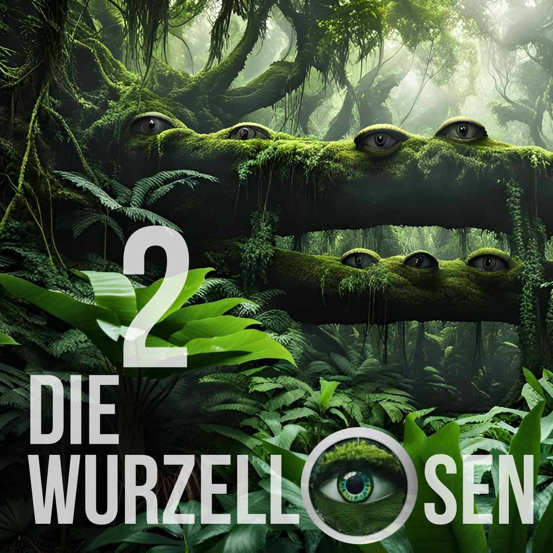 
Cover Wurzellose 2, zeigt einen Dschungel, aus dem Augen herausschauen