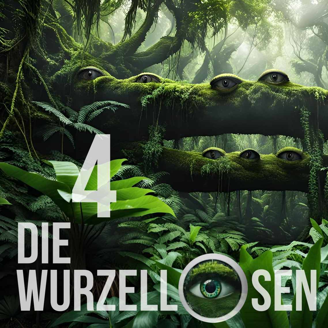 
Cover Wurzellose 4, zeigt einen Dschungel, aus dem Augen herausschauen