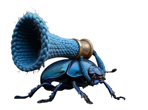 zeigt einen Käfer, der den blauen Wolle-Schalltrichter meines Logos trägt