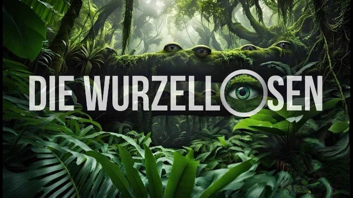 Cover Die Wurzellosen, zeigt Augen, die aus dem Dschungel blicken