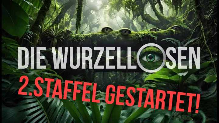 Cover Die Wurzellosen, zeigt Augen, die aus dem Dschungel blicken