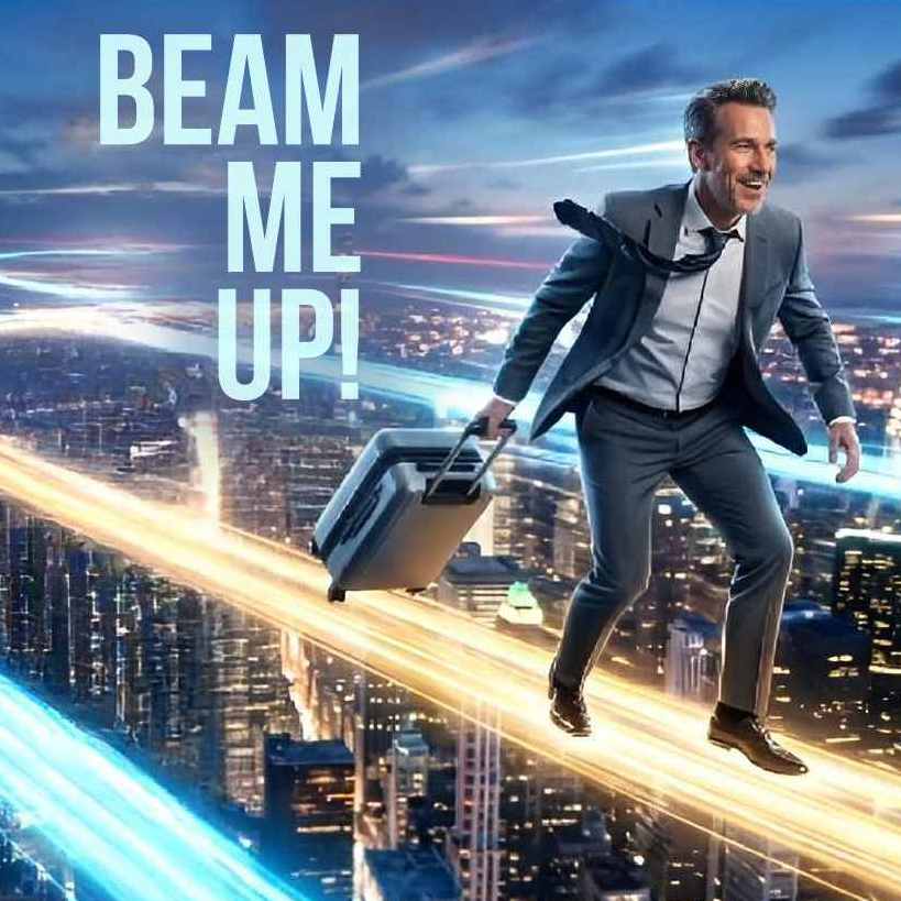 cover beam me up, zeigt Geschäftsreisende nachts über der Stadt mit dem Koffer auf einem Lichtstrahl