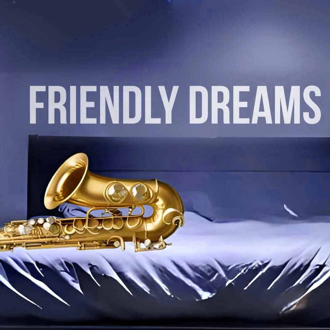 Cover friendly dreams, zeigt Saxophon auf einem Bett nachts auf einer nebligen Straße