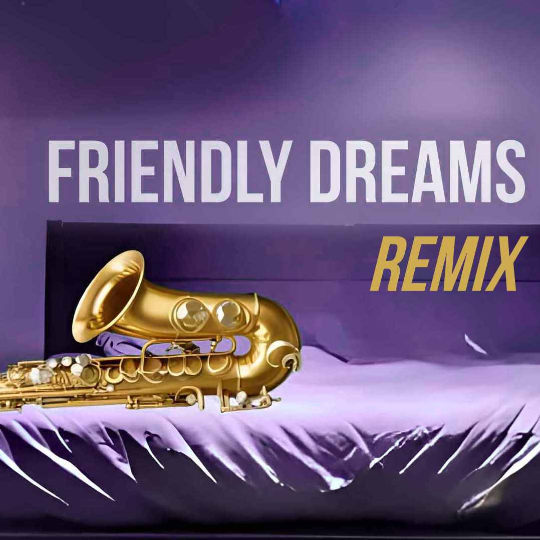 Cover friendly dreams, zeigt Saxophon auf einem Bett nachts auf einer nebligen Straße