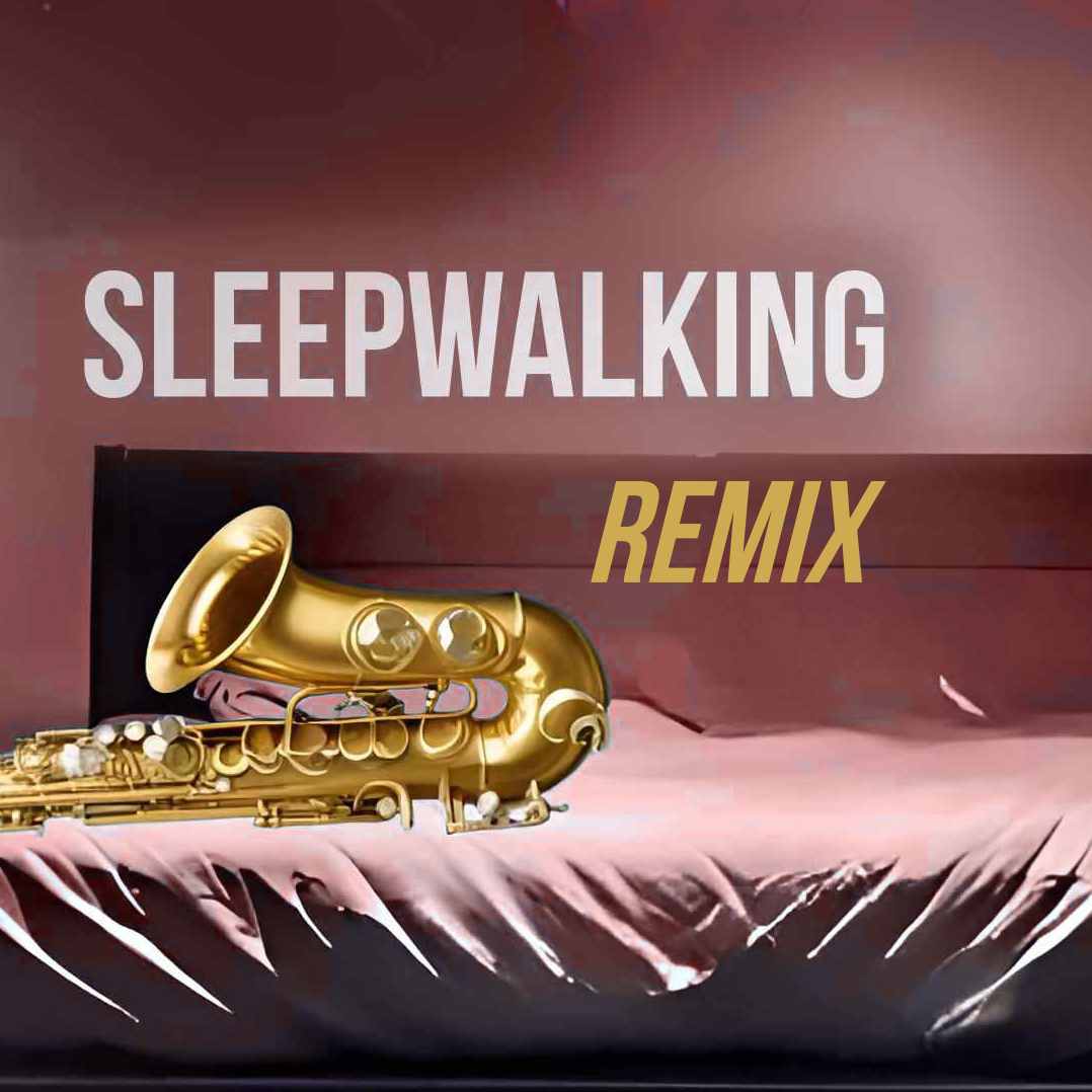 Cover sleepwalking, zeigt Saxophon auf einem Bett nachts auf einer nebligen Straße